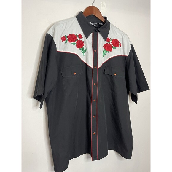 Dragonfly Men's XL Black White Rose Embroidered Snap Button Down S/S Shirt - Picture 2 of 8